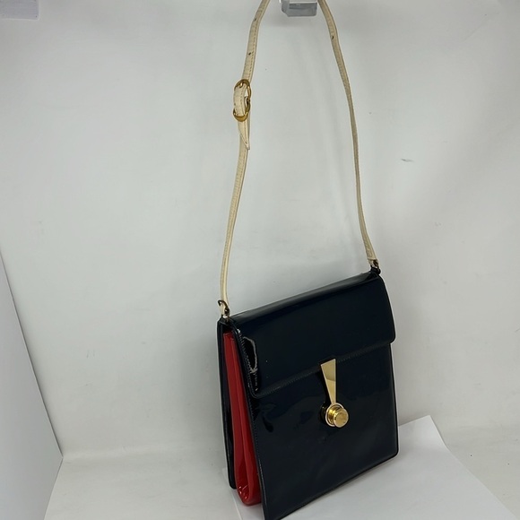 Saks Fifth Avenue Vintage Patent Leather Navy Red Beige Shoulder Bag - Picture 3 of 16